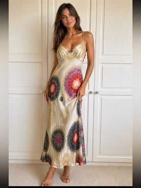 Club Monaco 100% Silk Slip Dress, Size 00,  Cream with Colorful Abstract Print.